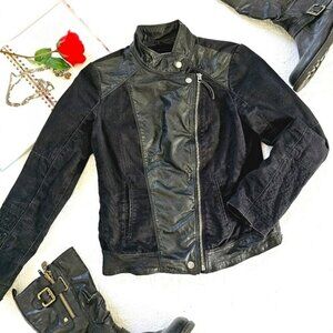 Lucky Brand Women's Jacket Size XS Moto Black Leather Accents Metal Zippers Punk